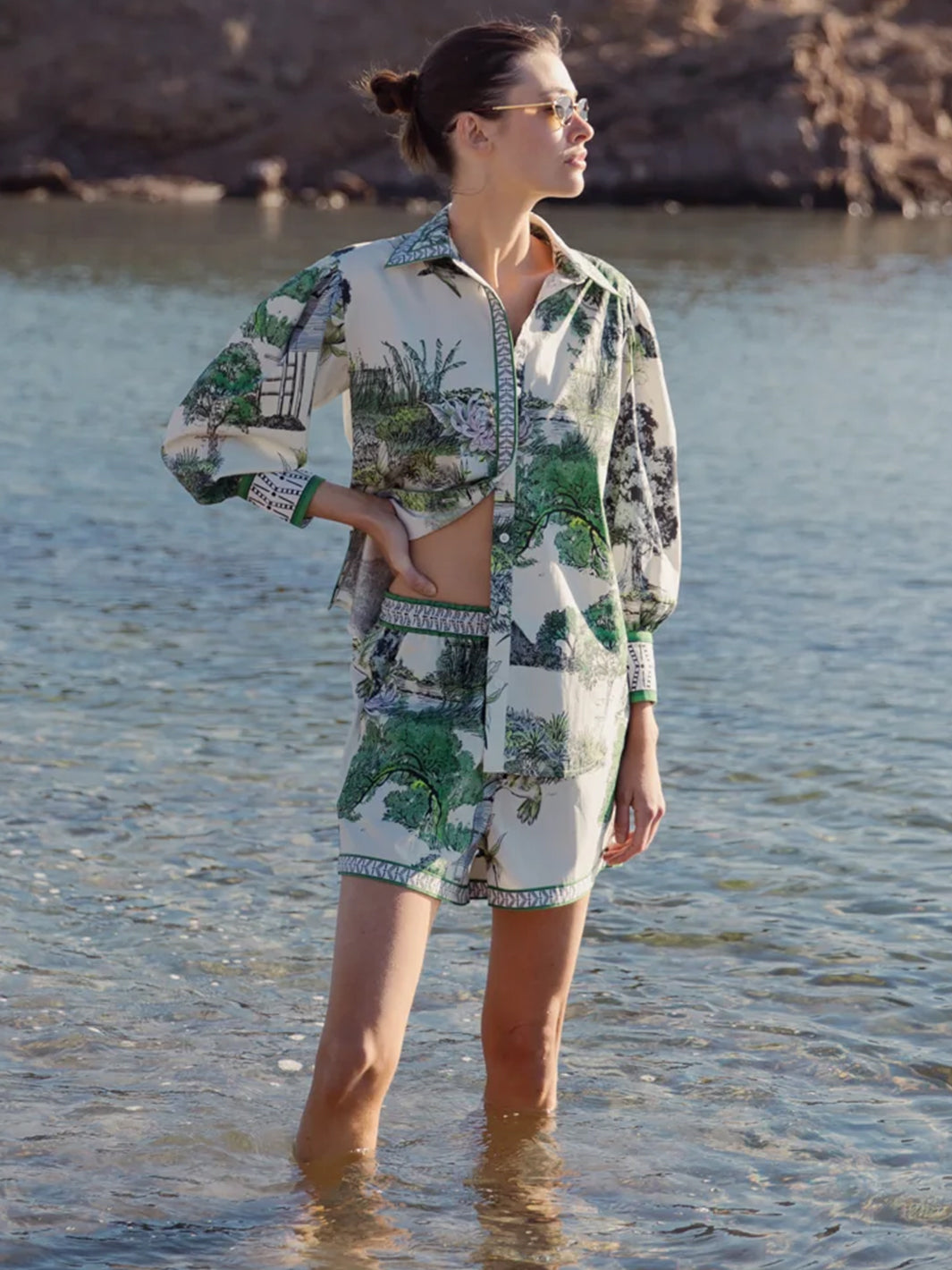 Thailand Poplin Shorts in White and Green