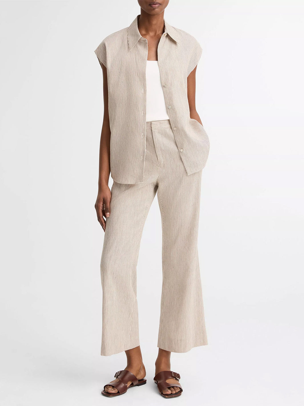 Ticking Stripe Linen/Cotton Low Rise Crop Flare Trouser in Taupe Wood