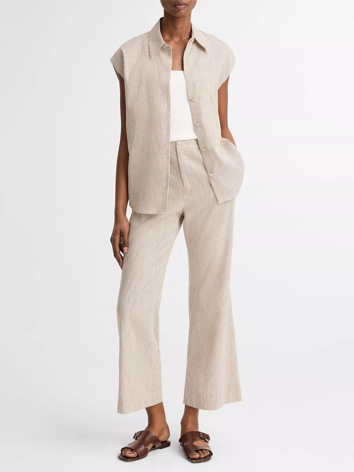 Ticking Stripe Linen/Cotton Low Rise Crop Flare Trouser in Taupe Wood