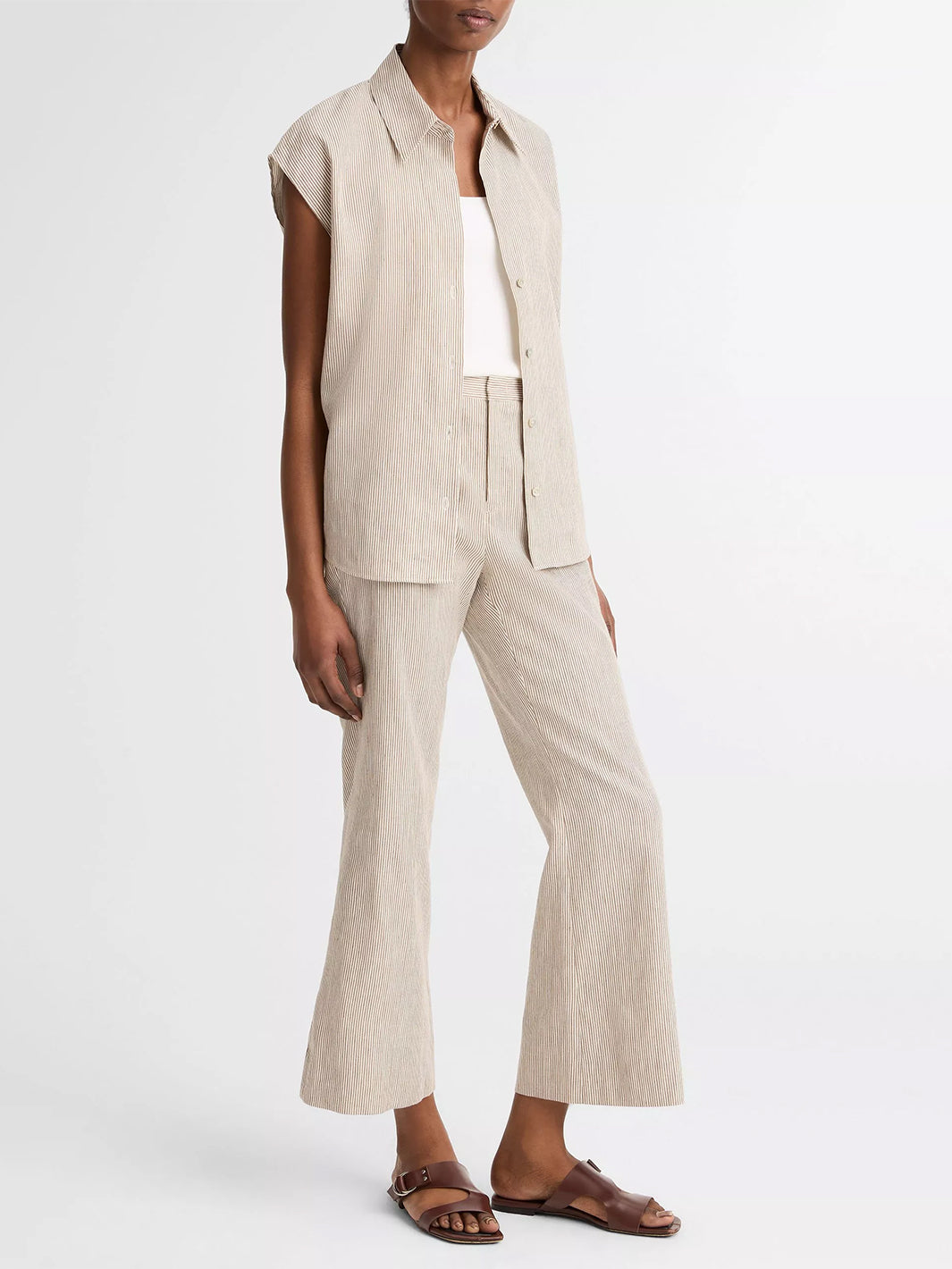 Ticking Stripe Linen/Cotton Low Rise Crop Flare Trouser in Taupe Wood
