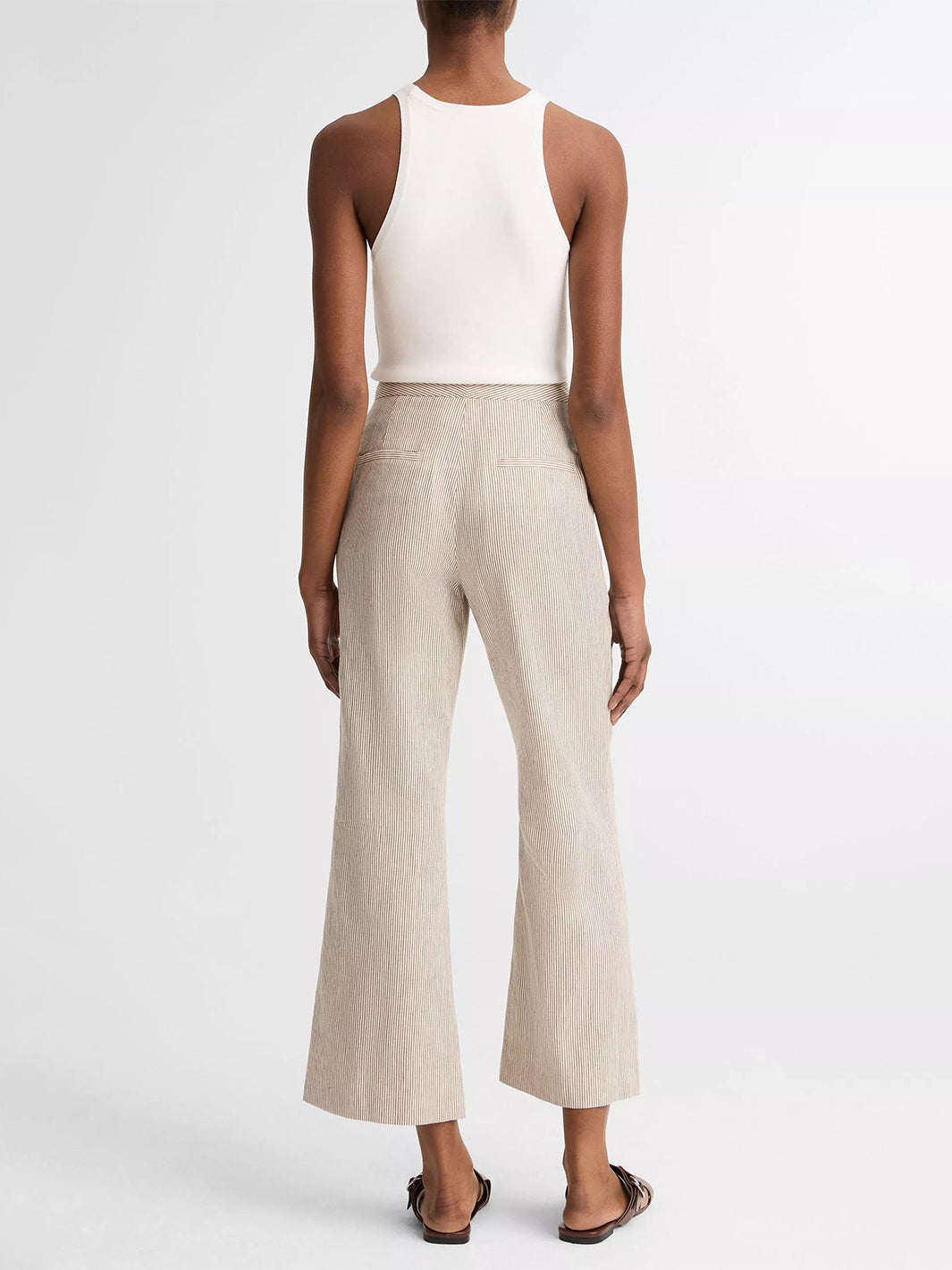 Ticking Stripe Linen/Cotton Low Rise Crop Flare Trouser in Taupe Wood