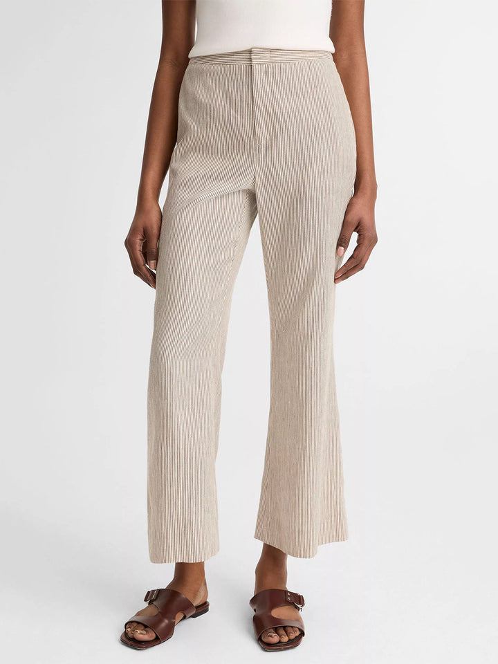 Ticking Stripe Linen/Cotton Low Rise Crop Flare Trouser in Taupe Wood