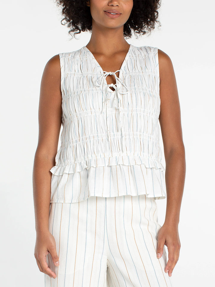 Sleeveless Tie Front Woven Top in Cream Blue Multi Stripe