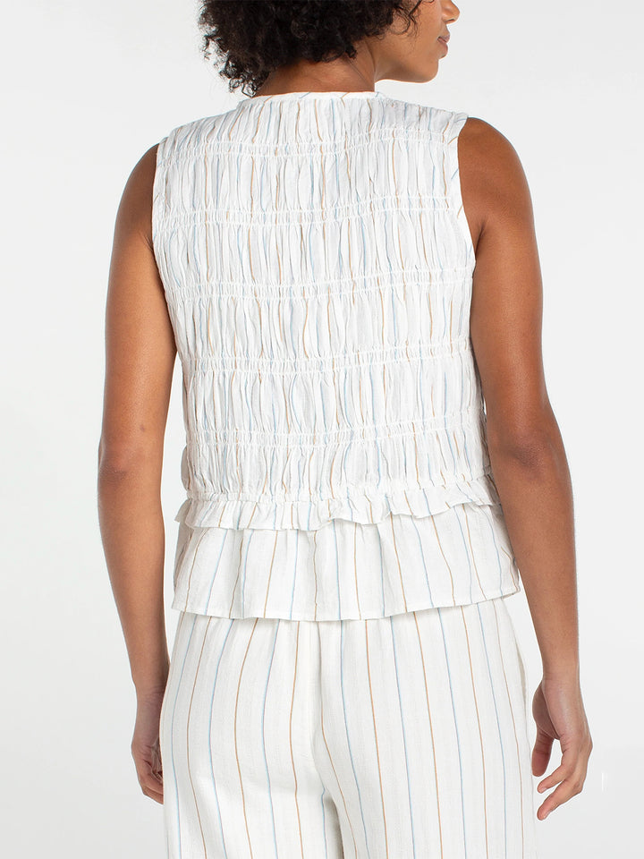 Sleeveless Tie Front Woven Top in Cream Blue Multi Stripe