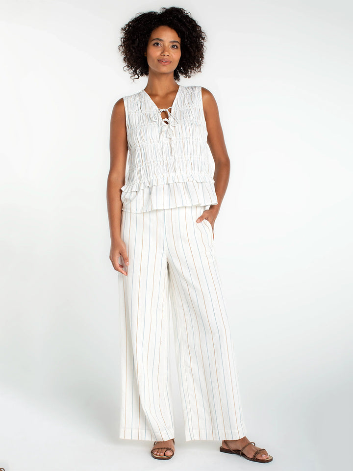 Sleeveless Tie Front Woven Top in Cream Blue Multi Stripe