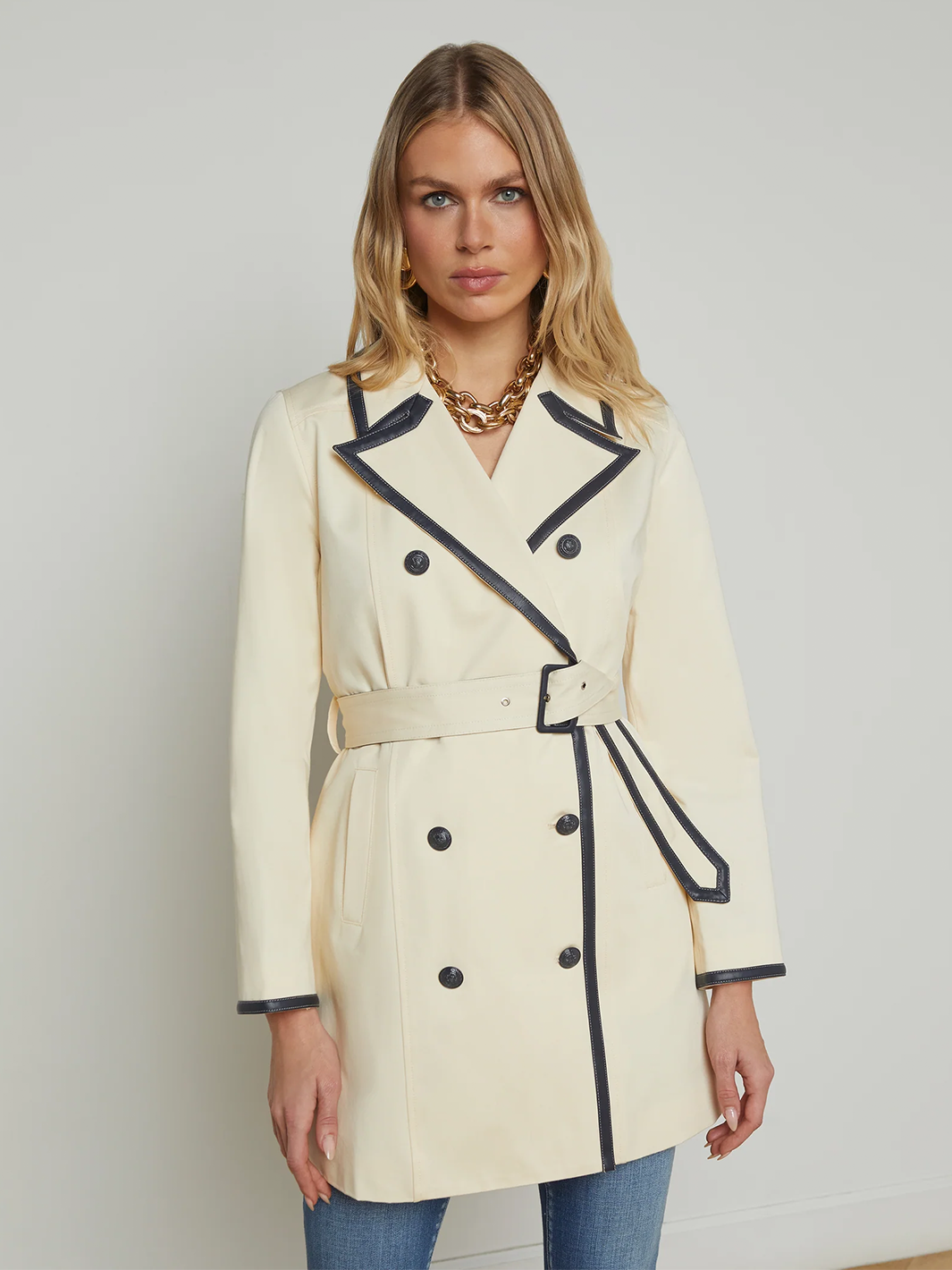 Toru Leather Trim Trench Coat in Light Pearl/Midnight