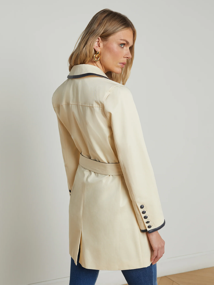 Toru Leather Trim Trench Coat in Light Pearl/Midnight