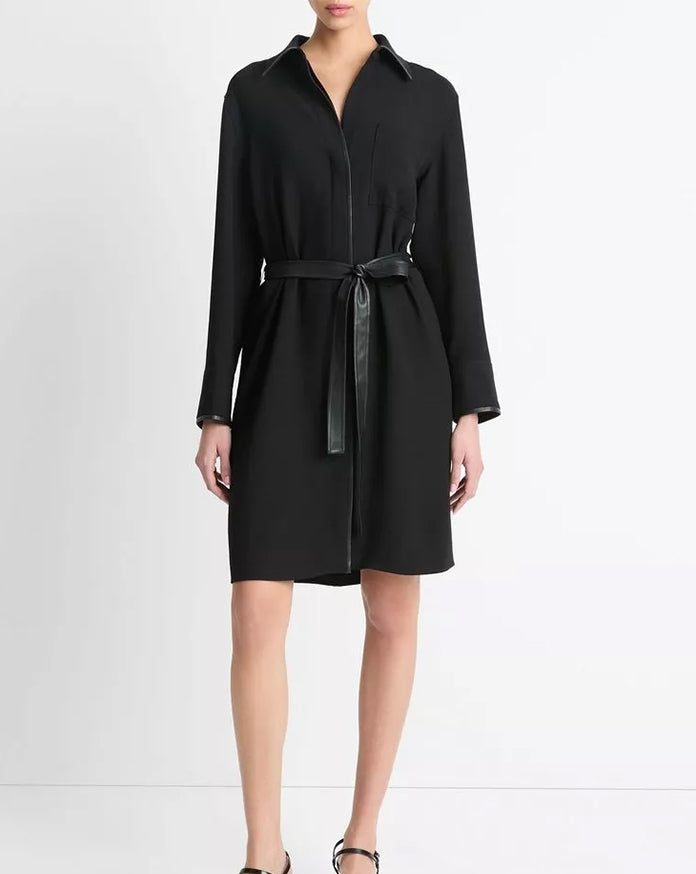 Faux Leather-Trim Shirt Dress