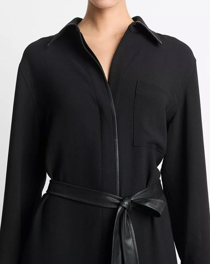 Faux Leather-Trim Shirt Dress