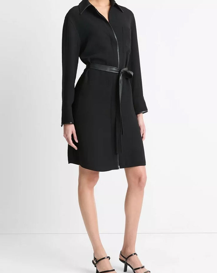 Faux Leather-Trim Shirt Dress