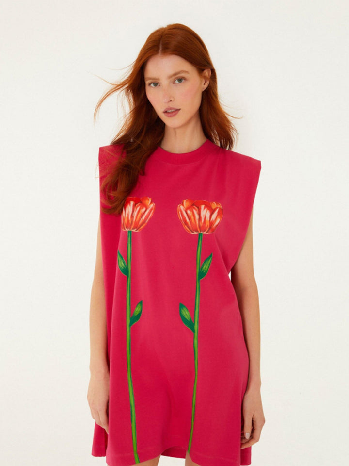 Tropical Rose Padded Shoulder Mini Dress in Pink