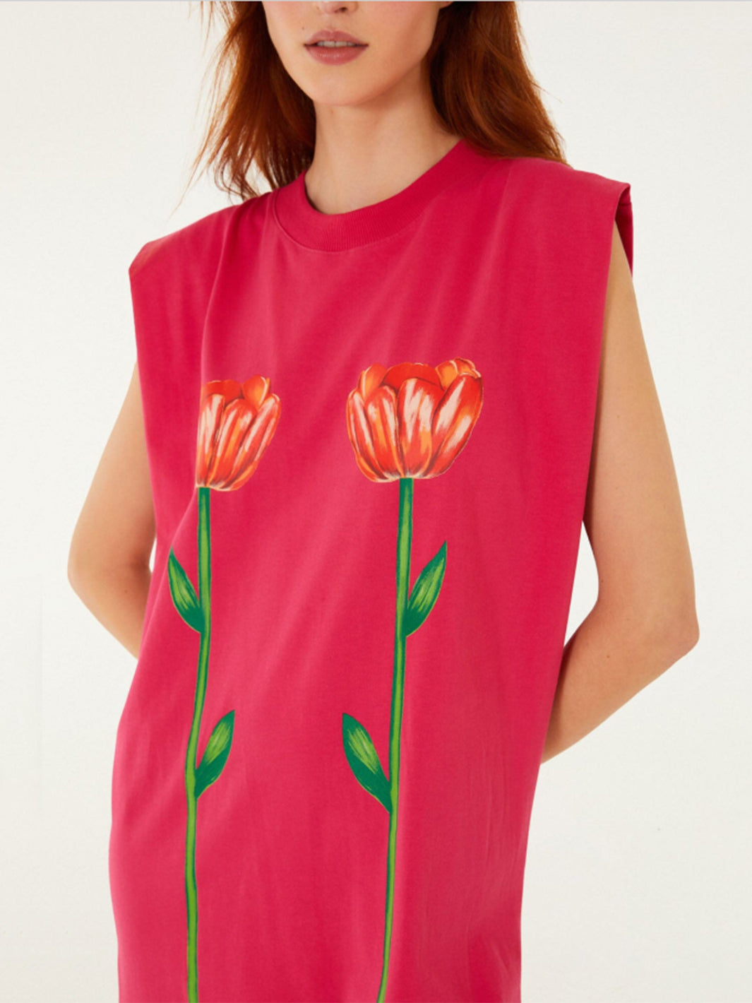 Tropical Rose Padded Shoulder Mini Dress in Pink