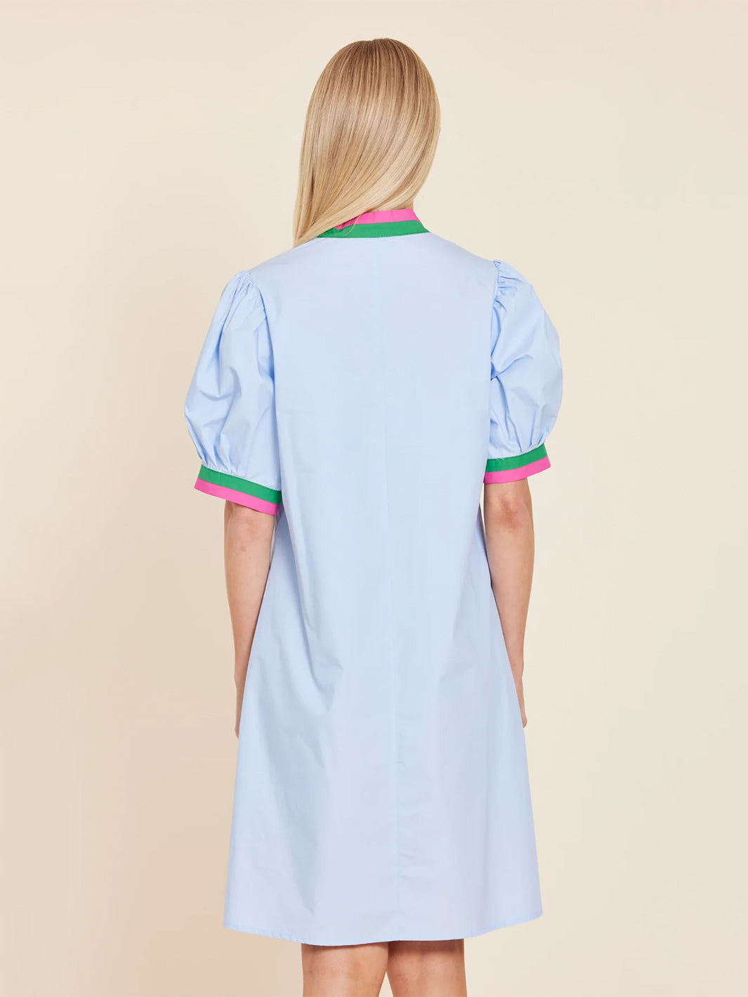 Poplin V-neck Dress with Stripe Trim in Light Blue Multi