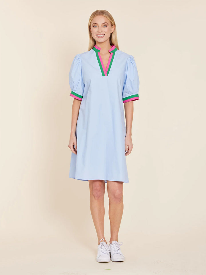 Poplin V-neck Dress with Stripe Trim in Light Blue Multi