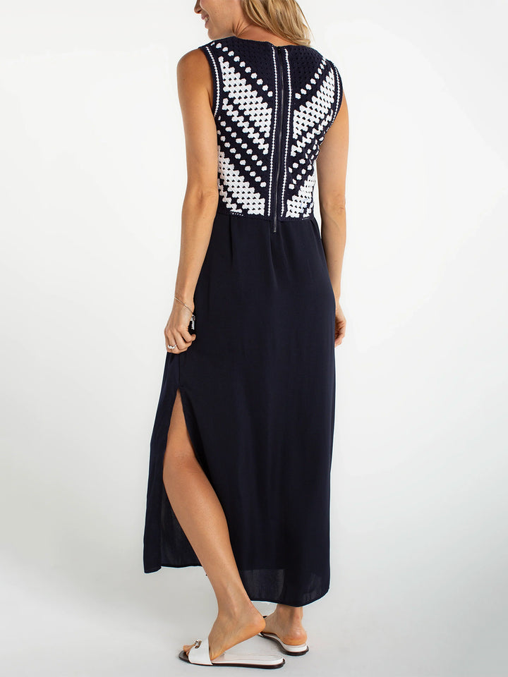 Sleeveless V-neck Crochet Woven Dress in Navy/White