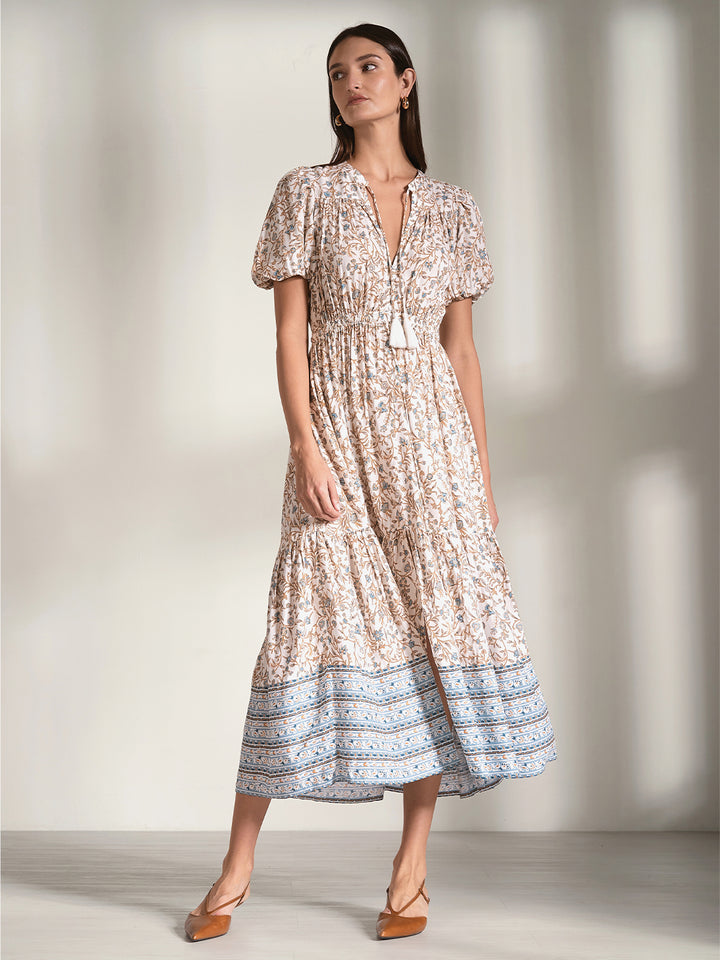 Short Sleeve V-Neck Maxi Dress in Blue Whimsy Print