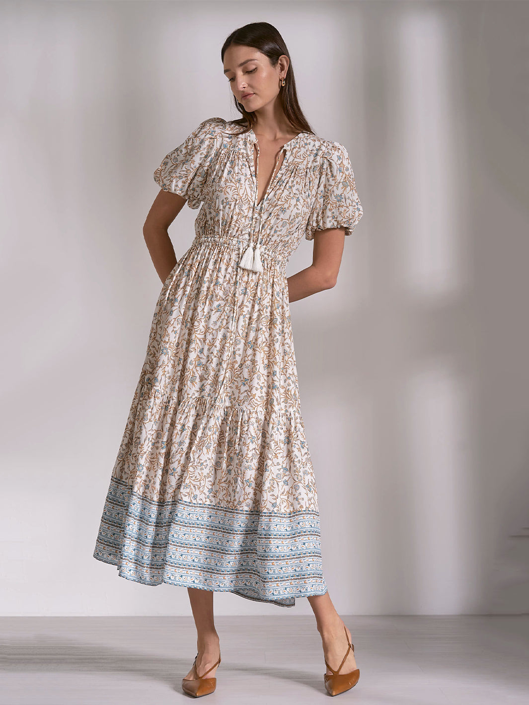 Short Sleeve V-Neck Maxi Dress in Blue Whimsy Print
