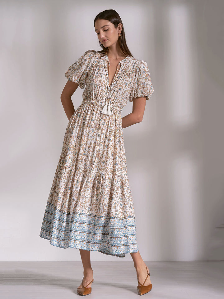 Short Sleeve V-Neck Maxi Dress in Blue Whimsy Print