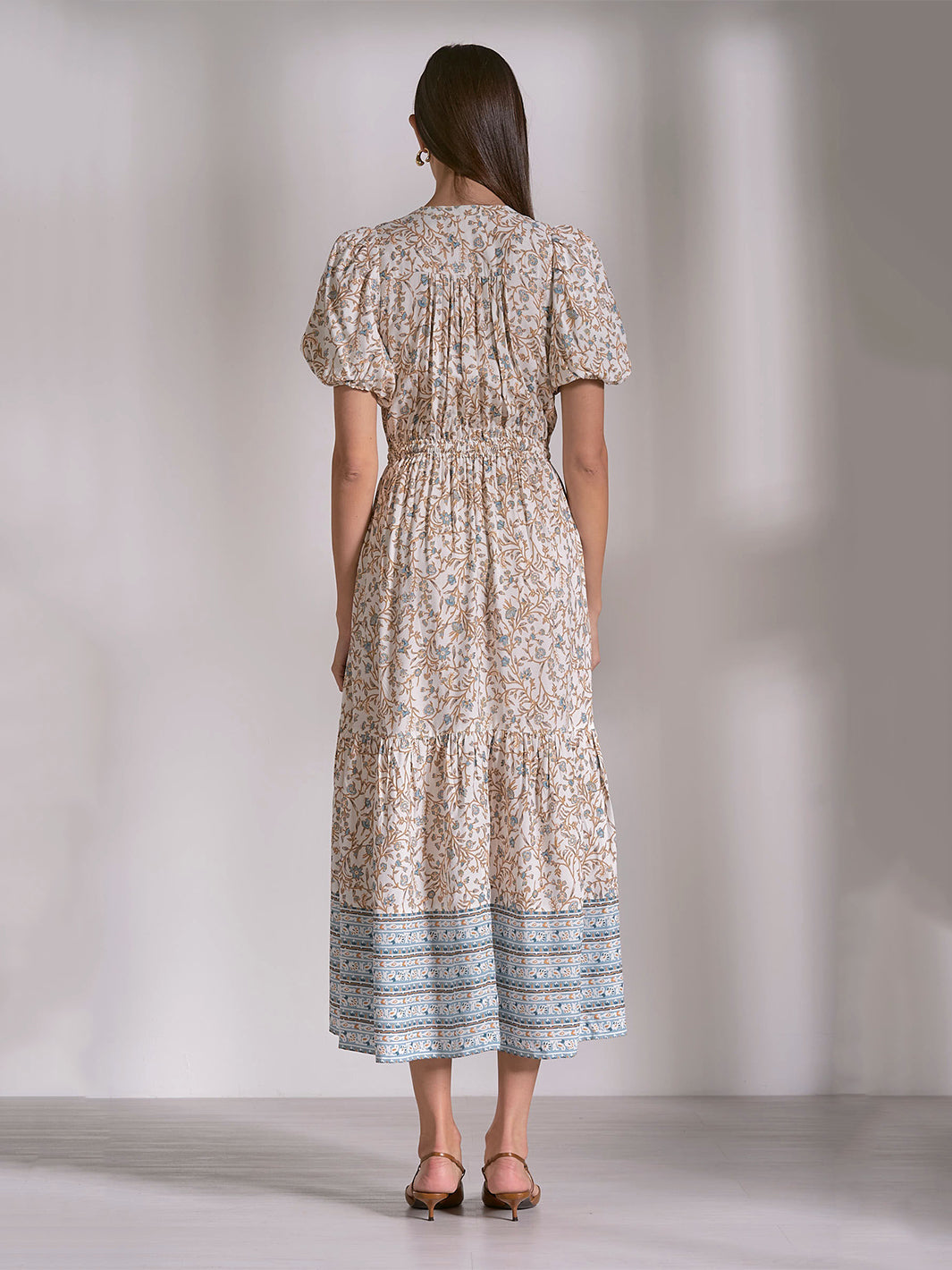 Short Sleeve V-Neck Maxi Dress in Blue Whimsy Print