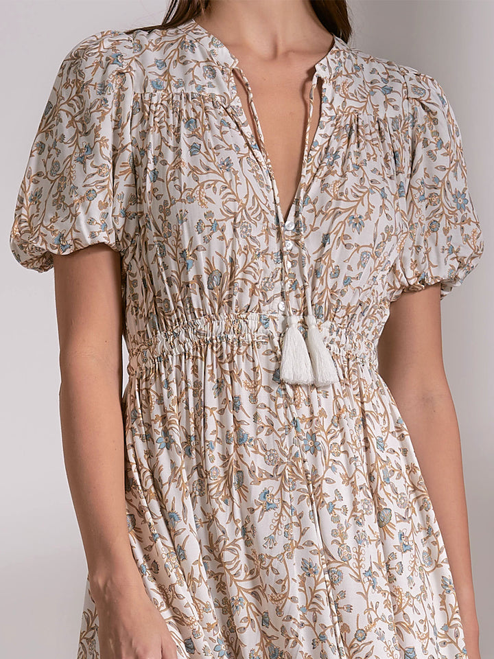 Short Sleeve V-Neck Maxi Dress in Blue Whimsy Print