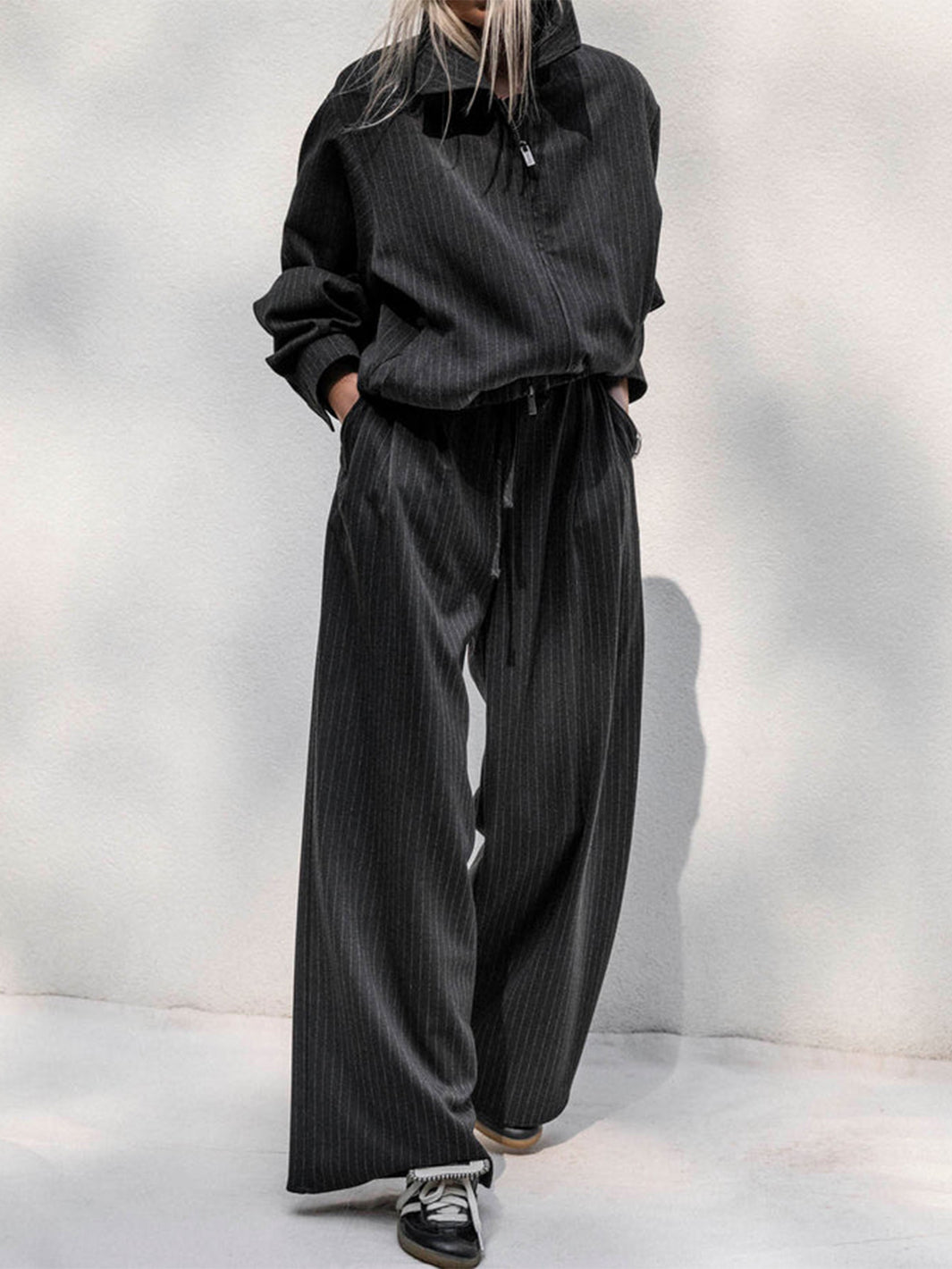 Valerie Pleated Pinstripe Pant on Charcoal