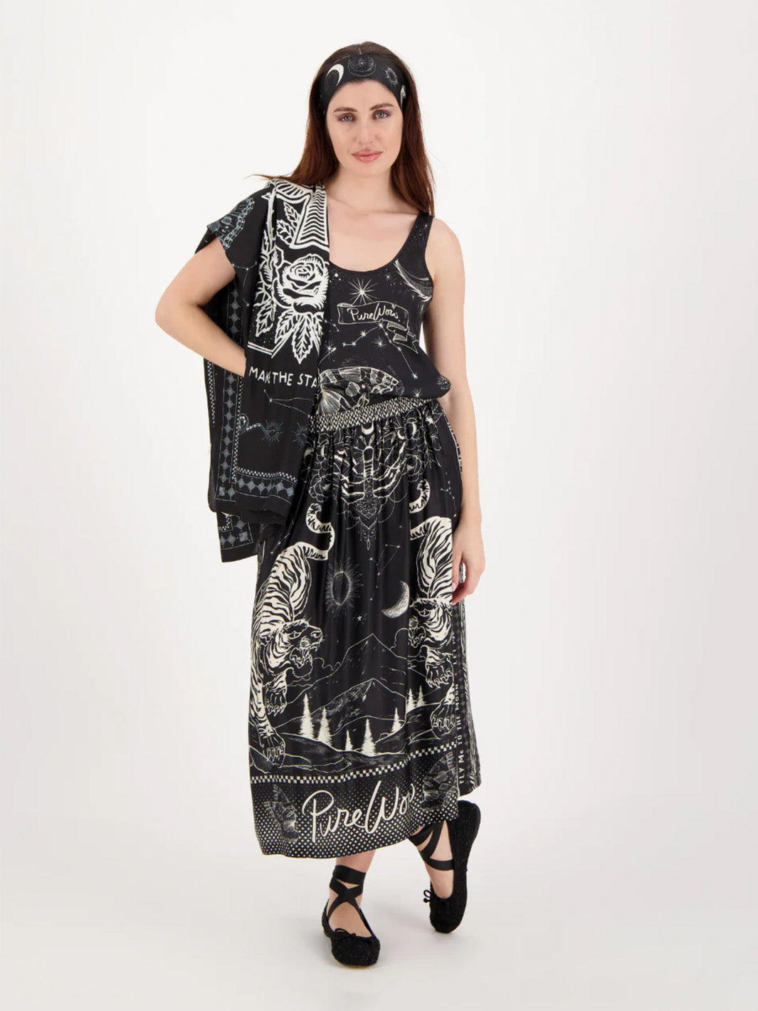 Vanessa Printed Midi Skirt in Black Magic