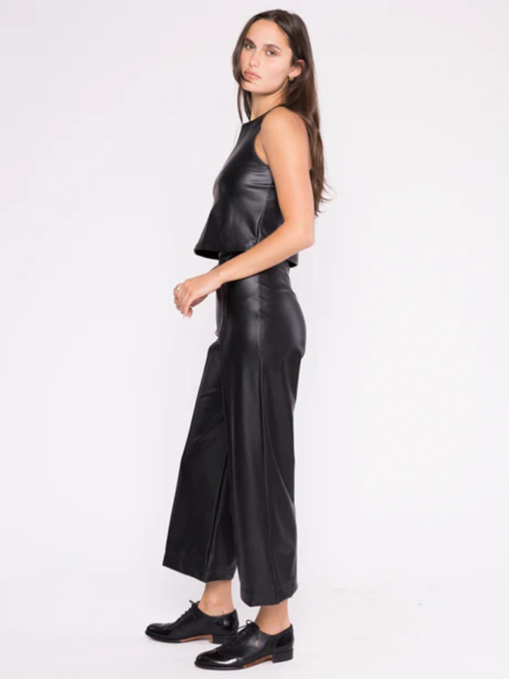 Vegan Leather Straight Leg Cropped Pant in Black