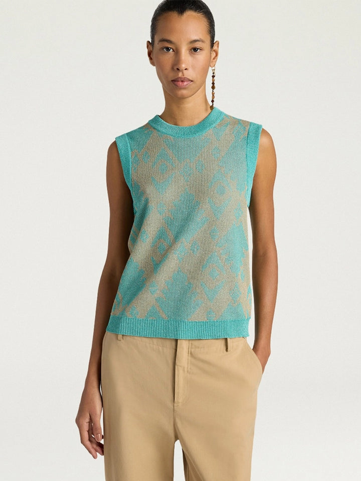 Veta Jacquard Top in Aquamarine/Gold