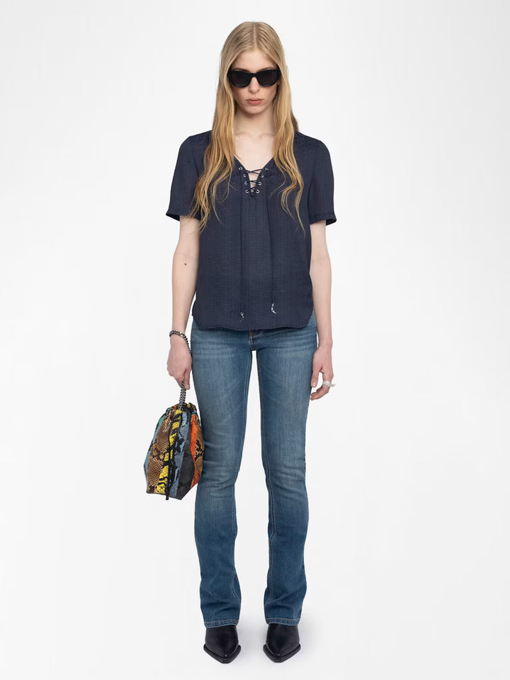 Terzo Satin Top with Metallic Wings in Encre