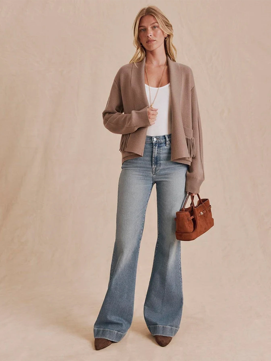 Willow Fringe Cardigan in Taupe