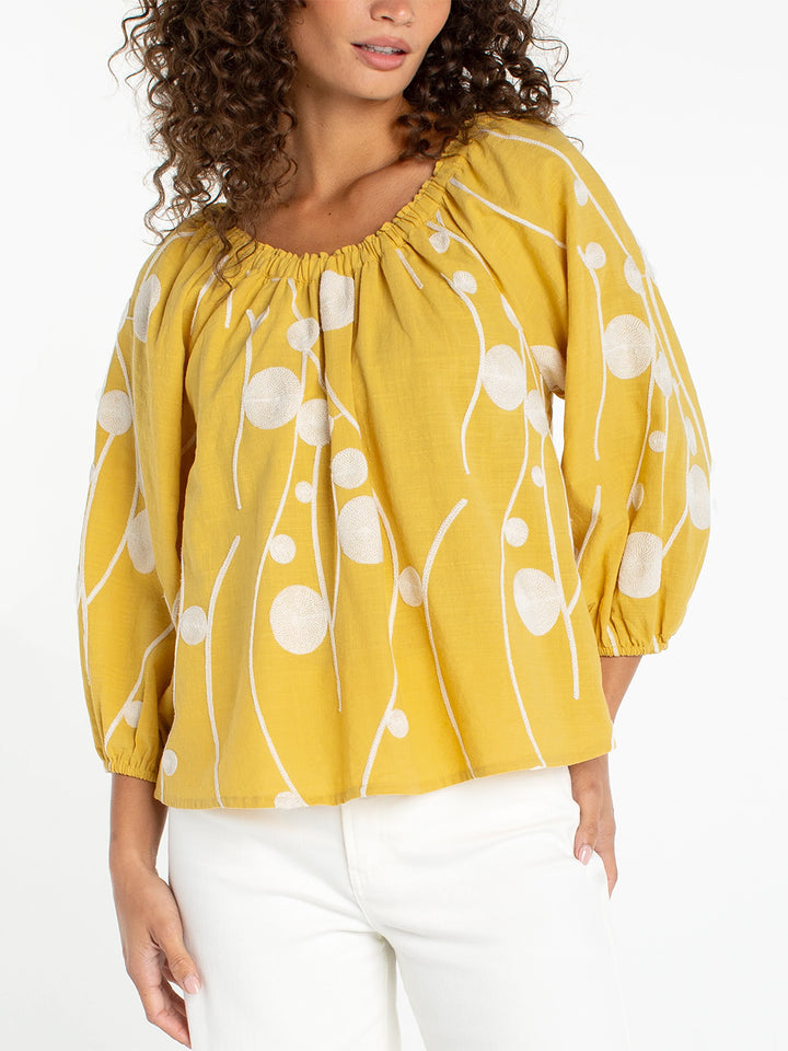 3/4 Sleeve Woven Top in Yellow Cream Embroidery