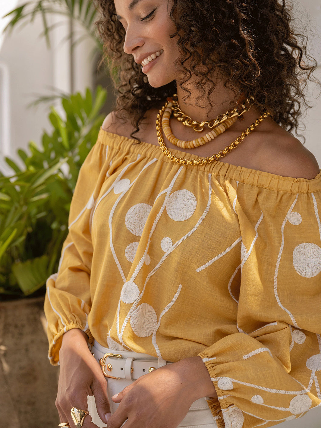 3/4 Sleeve Woven Top in Yellow Cream Embroidery