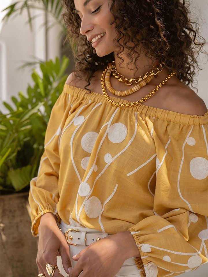 3/4 Sleeve Woven Top in Yellow Cream Embroidery