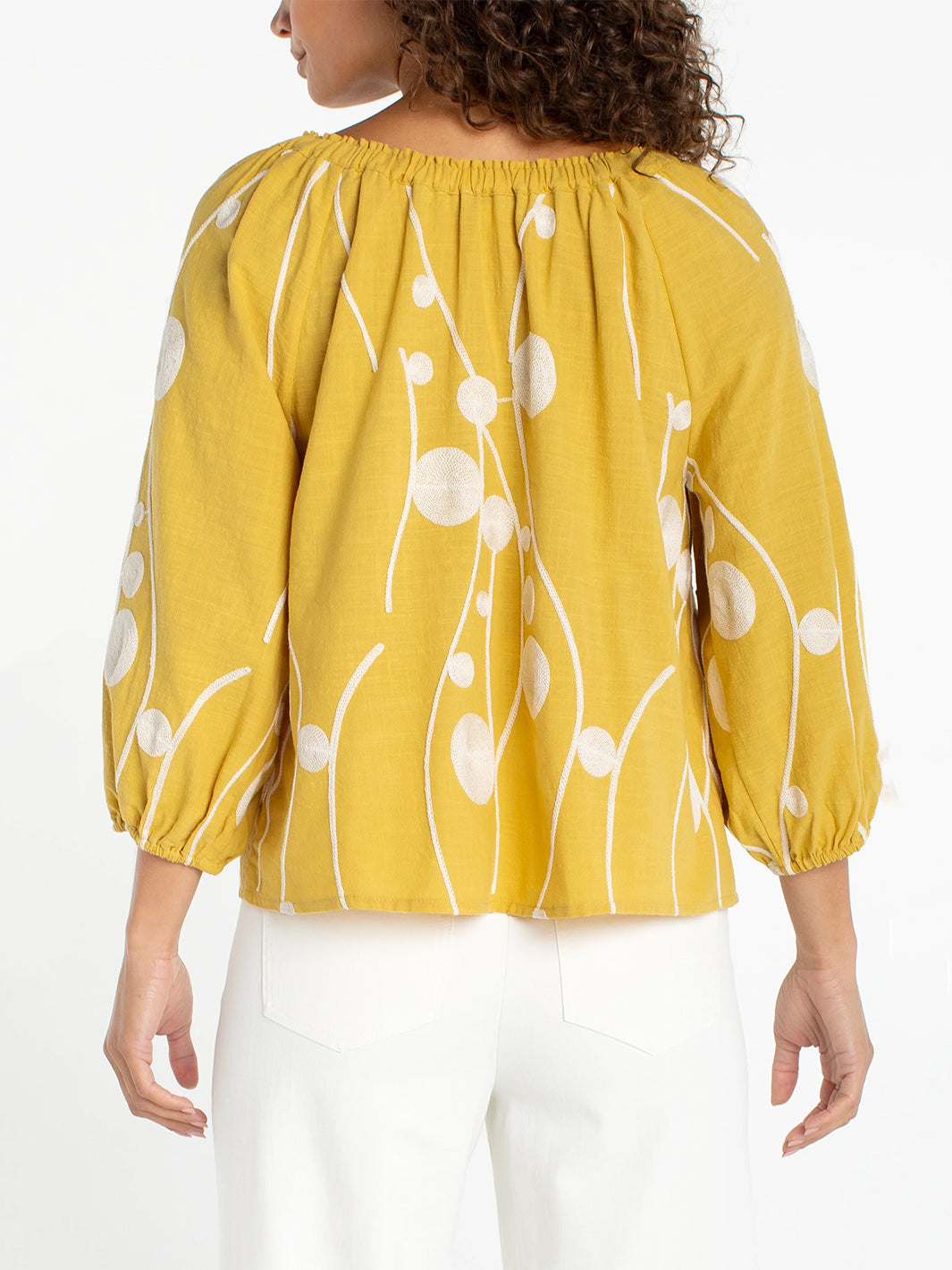 3/4 Sleeve Woven Top in Yellow Cream Embroidery