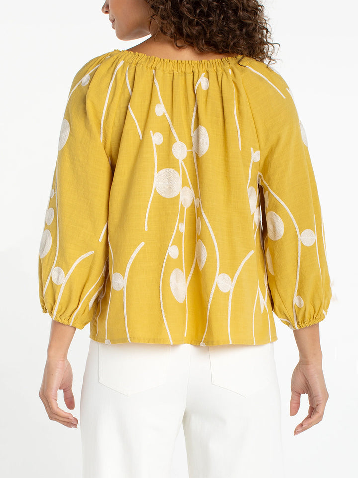 3/4 Sleeve Woven Top in Yellow Cream Embroidery