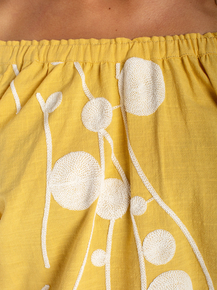 3/4 Sleeve Woven Top in Yellow Cream Embroidery