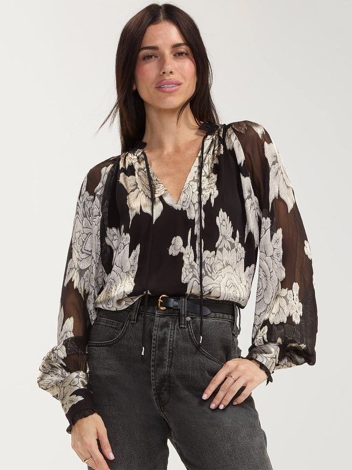 Long Sleeve Woven Top w/Ties in Black Multi