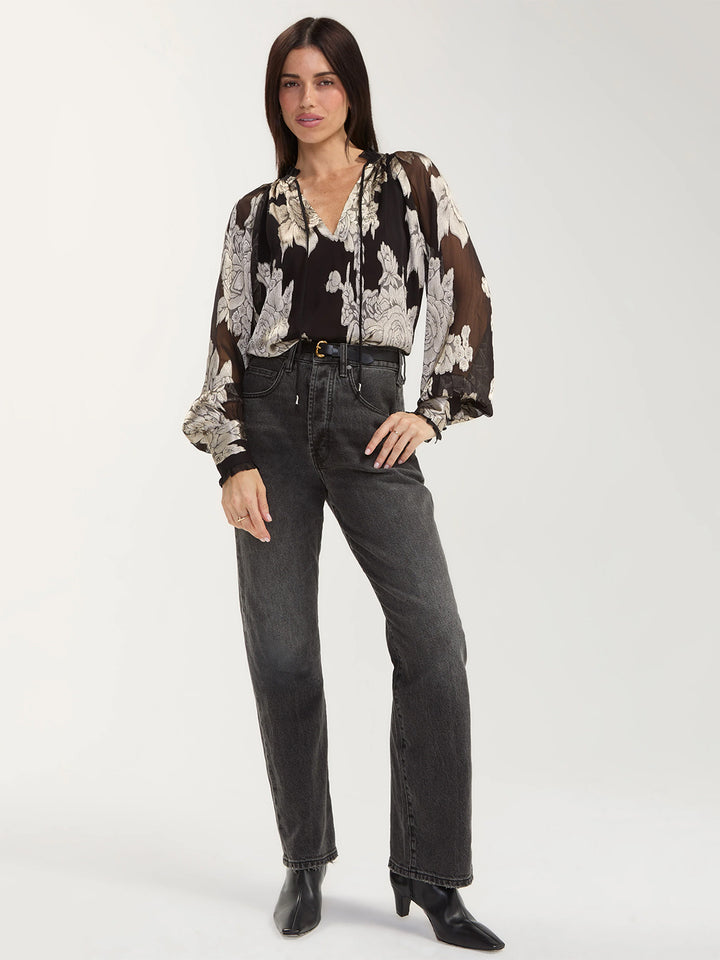 Long Sleeve Woven Top w/Ties in Black Multi