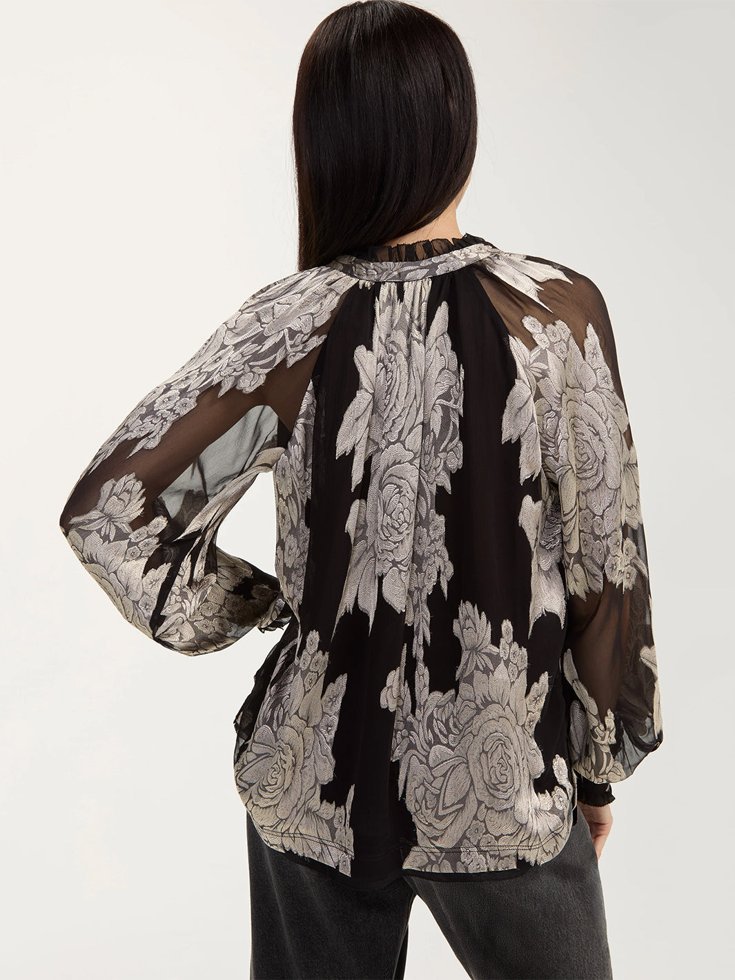 Long Sleeve Woven Top w/Ties in Black Multi