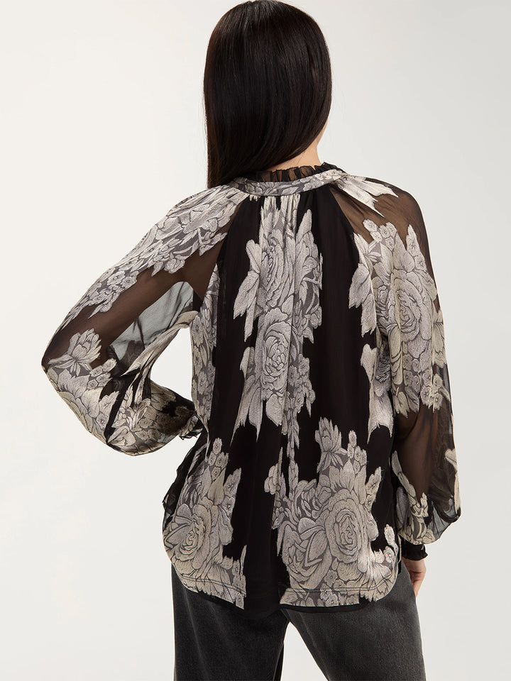Long Sleeve Woven Top w/Ties in Black Multi