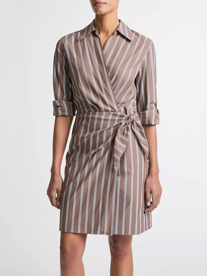 Striped Cotton-Blend Wrap Dress in Brown Multi
