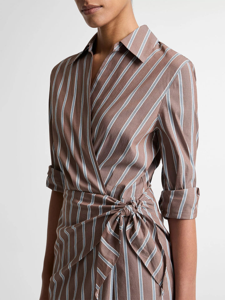 Striped Cotton-Blend Wrap Dress in Brown Multi