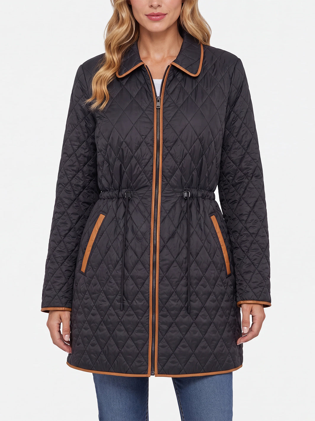 Quilted Coat W/ Cinched Waist in Black