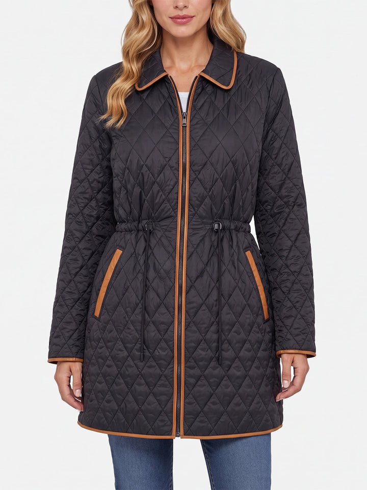 Quilted Coat W/ Cinched Waist in Black