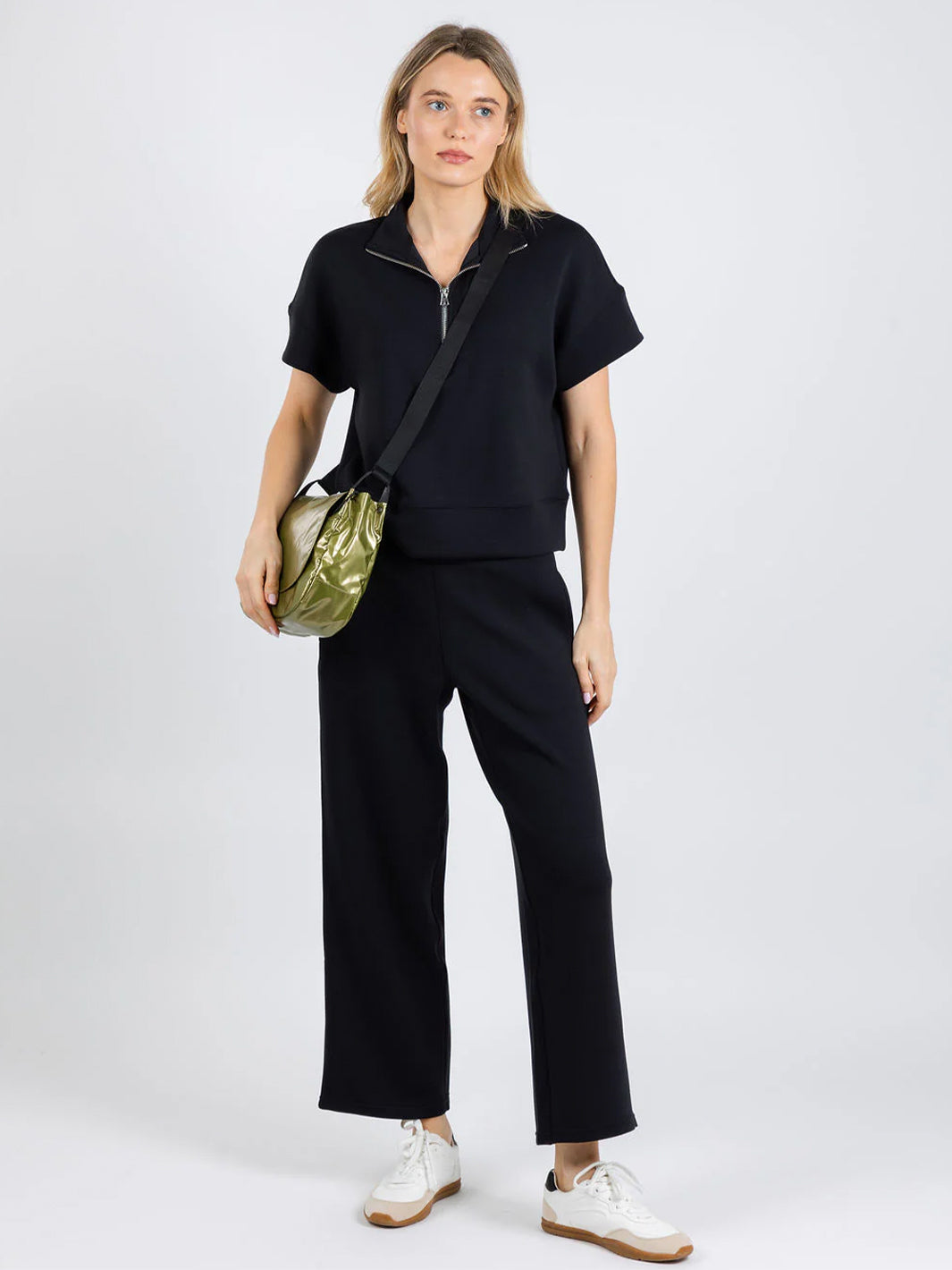 Comfort Zone Quarter Zip Short Sleeve Sweater in Black