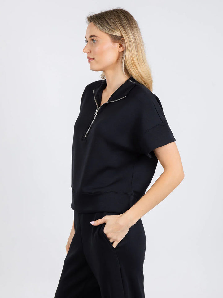 Comfort Zone Quarter Zip Short Sleeve Sweater in Black