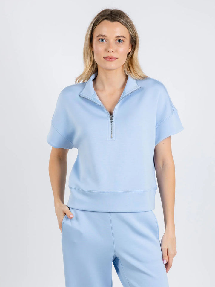 Comfort Zone Quarter Zip Short Sleeve Sweater in Sky Blue