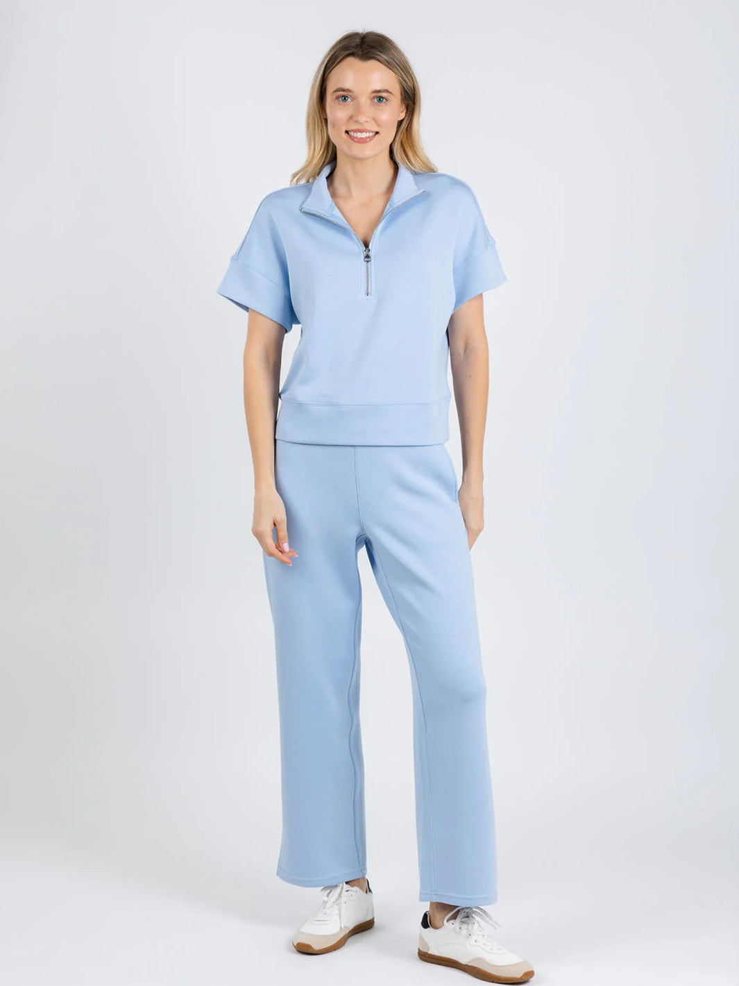 Comfort Zone Quarter Zip Short Sleeve Sweater in Sky Blue