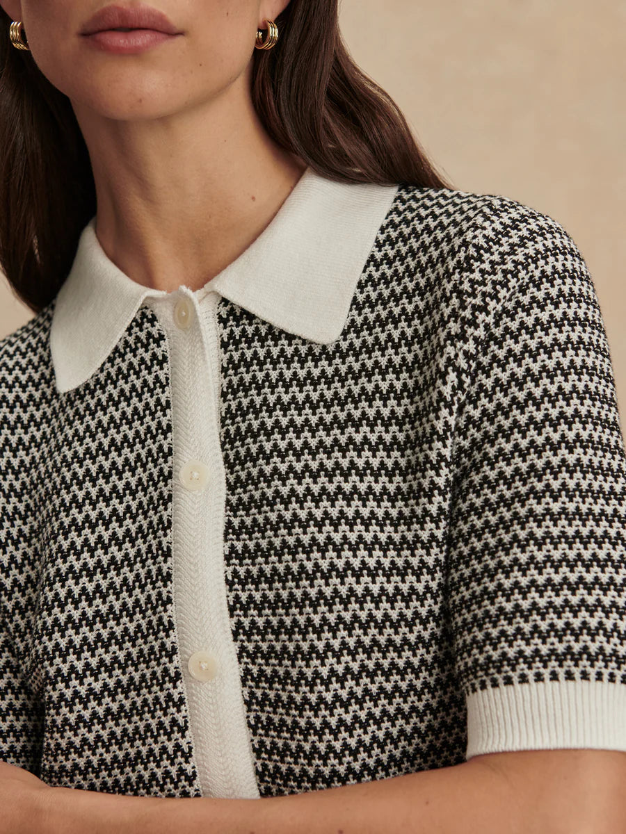 Gaelle Polo Knit Top in Snow White/ Black