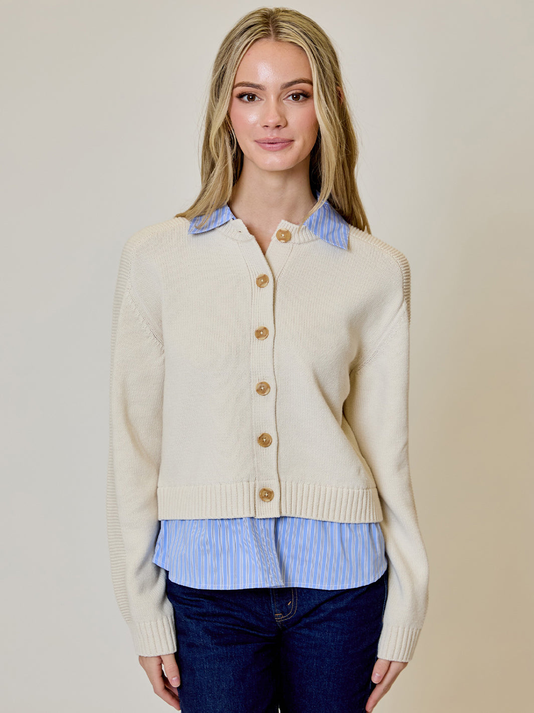 Twofer Cardigan in Cream/Blue